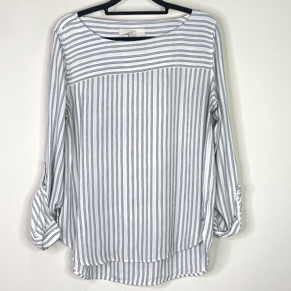 LOFT Roll Tab Sleeve Flowy Striped Blouse Women's Size Medium Petite - Picture 1 of 6